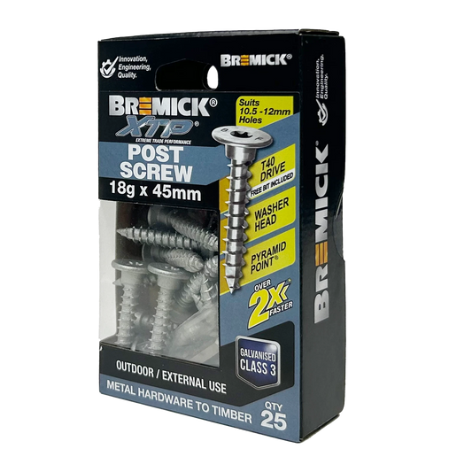 Bremick XTP Galvanized Post Screw 18g x 45mm T40, Washer Head, Pyramid Point, 25 Pack