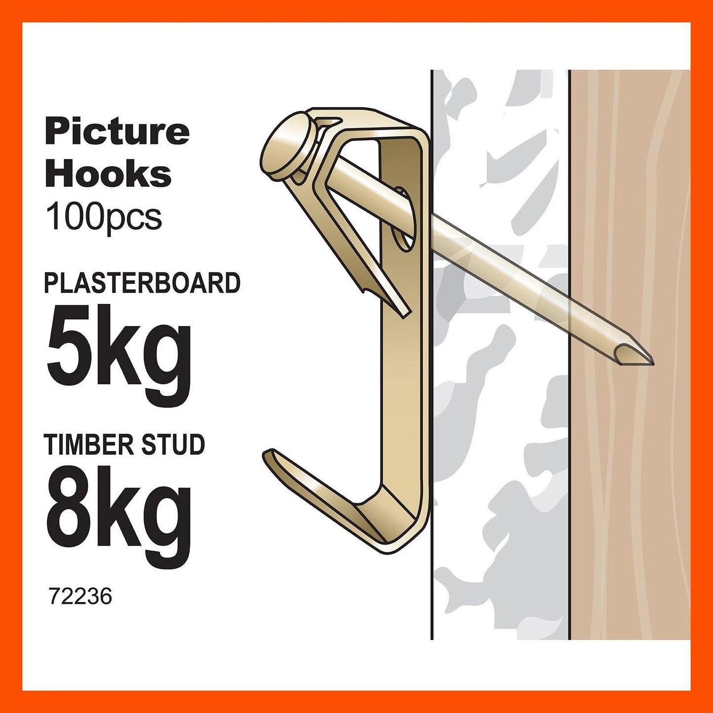 Everhang 8kg Brass Plated Picture Hooks 100 Pcs - Secure Hanging for Timber Walls