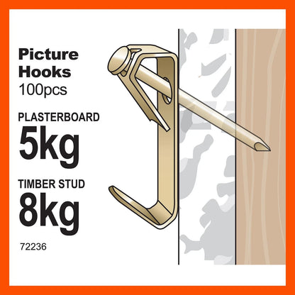 Everhang 8kg Brass Plated Picture Hooks 100 Pcs - Secure Hanging for Timber Walls