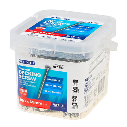 Zenith Easy-Fix SS304 Decking Screws T20 10G x 65mm - 250 Pack, Corrosion Resistant