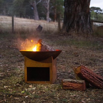 Glow Tambo Weathering Steel Fire Pit with Log Storage for Outdoor Use