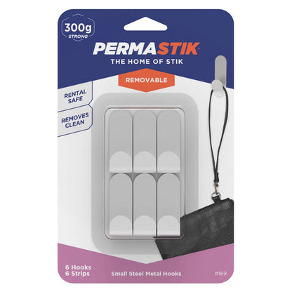 Permastik Small Steel Metal Hooks 6 Pack - No Damage, 300g Load, Stainless Steel