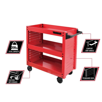 Trojan Steel 3 Tier Pegboard Service Cart, 200kg Capacity, Swivel Castors, Lifetime Warranty