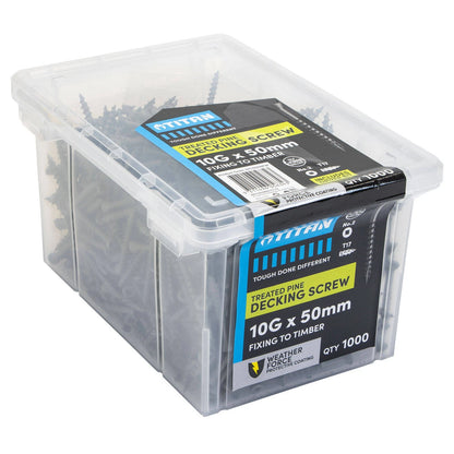 Titan 10G x 50mm Weather Force Treated Pine Decking Screws - 1000 Pack, Corrosion Resistant