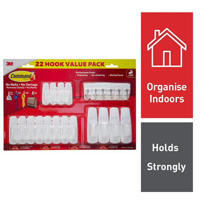 Command White Mixed Wall Adhesive Hooks 22 Pack - Variety Sizes, Damage-Free, Reusable