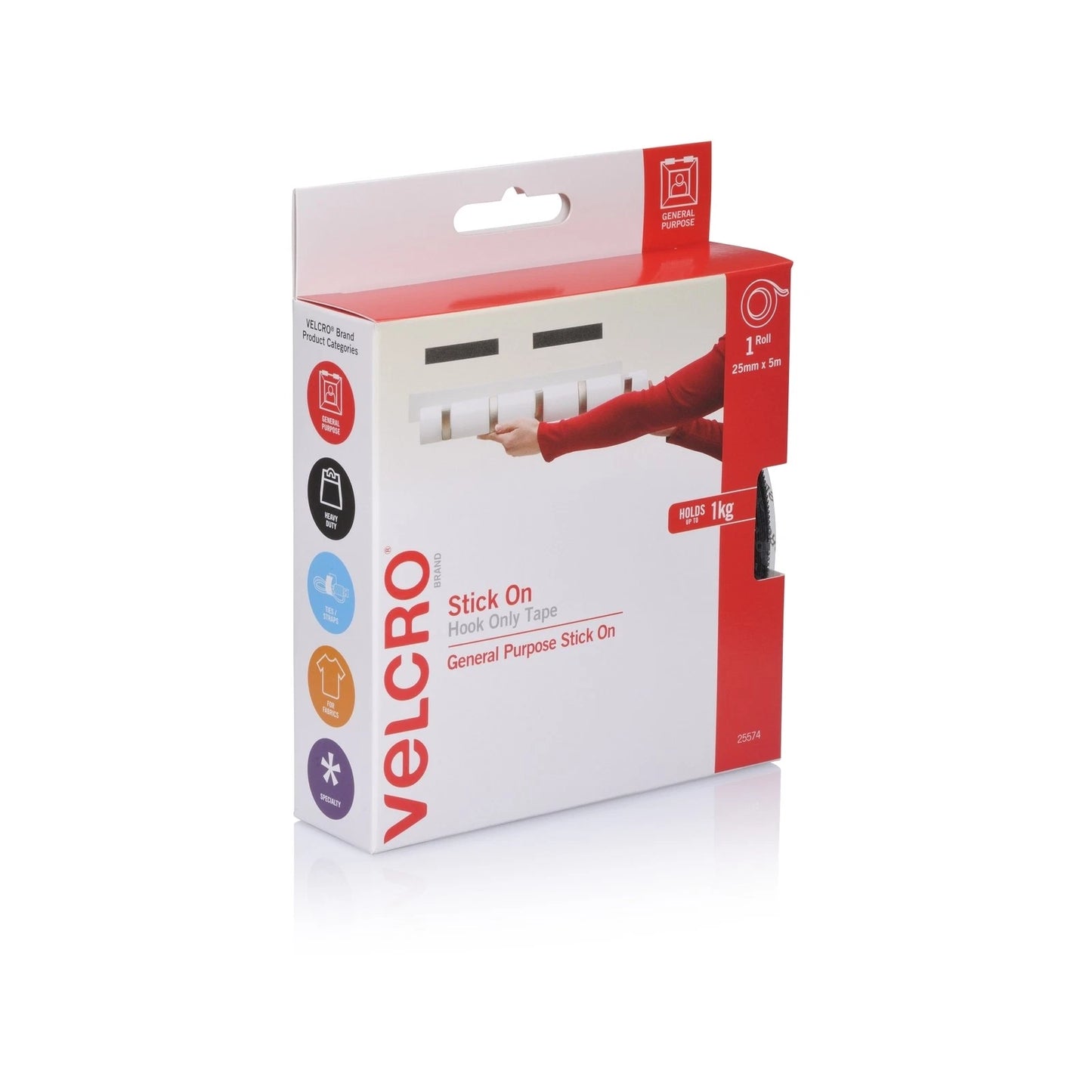 VELCRO® 25mm x 5m Black Stick On Hook Tape, Adhesive, Indoor Use, Durable Nylon