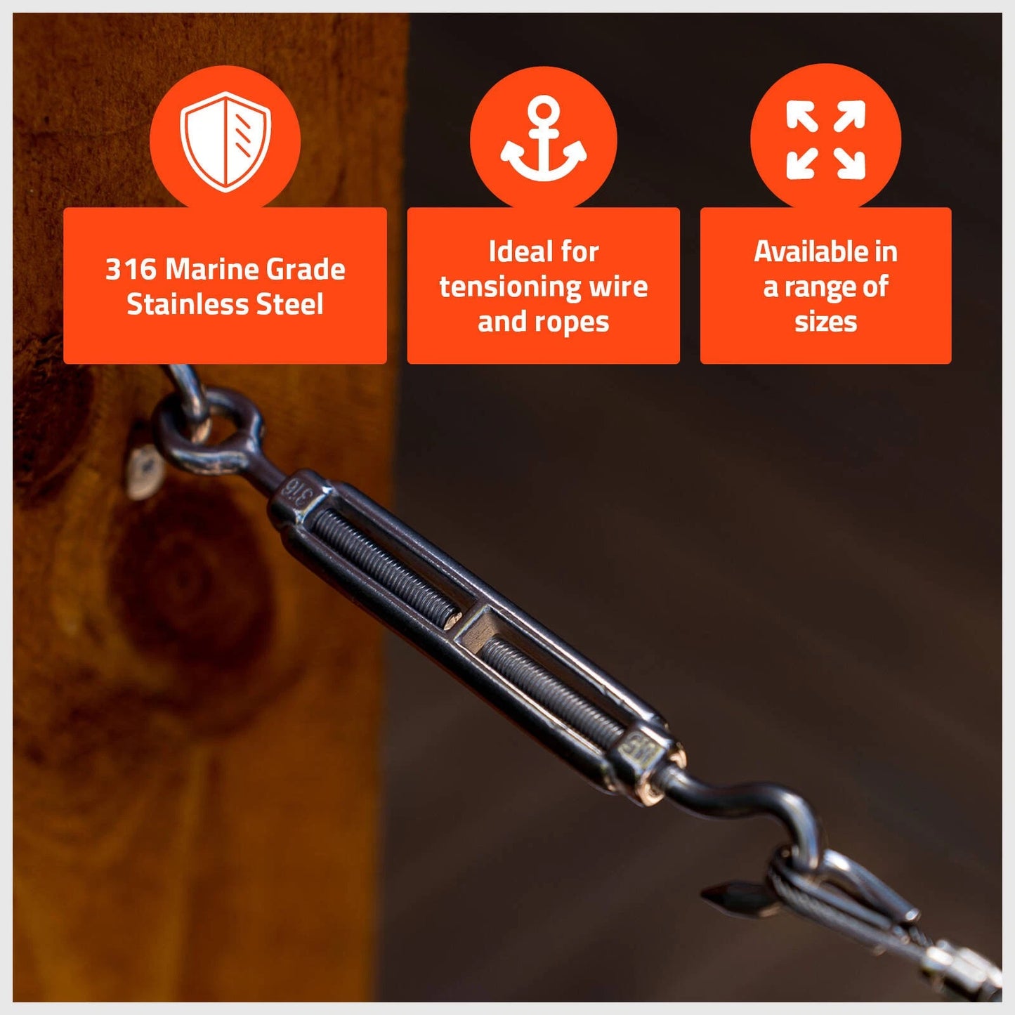 Taskmaster 5mm Marine-Grade Stainless Steel Hook & Eye Turnbuckle for Rigging & Tensioning