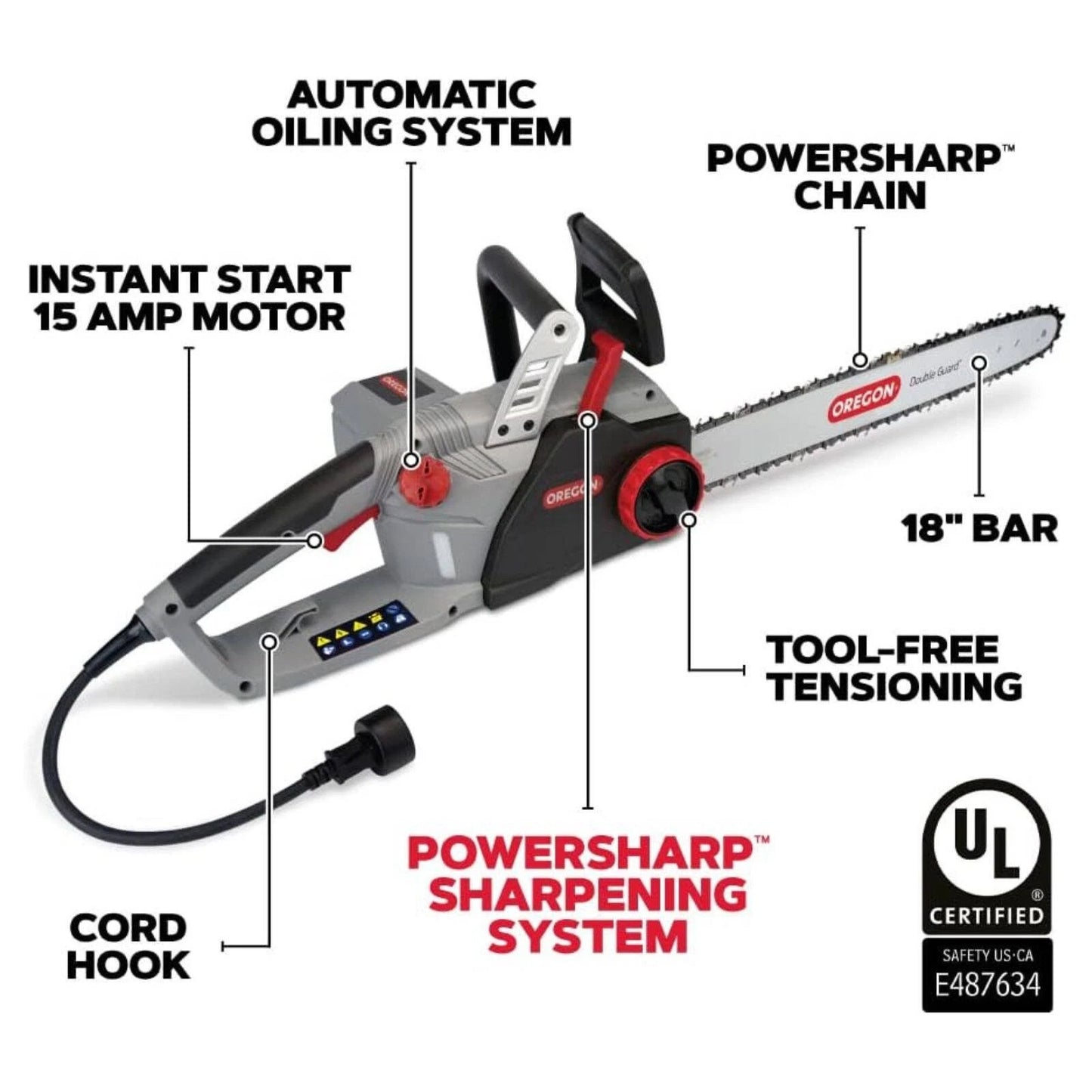 Oregon Self Sharpening Electric Chainsaw, 2400W, 18" Bar, Tool-less Tensioning