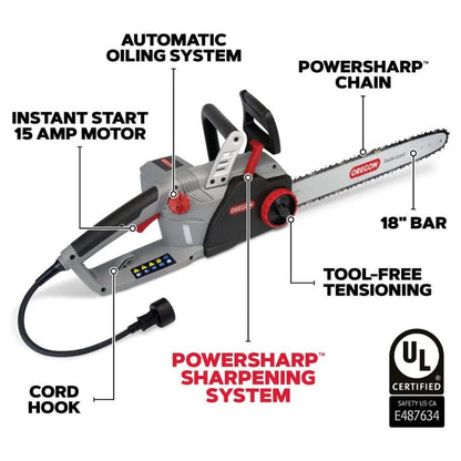 Oregon Self Sharpening Electric Chainsaw, 2400W, 18" Bar, Tool-less Tensioning