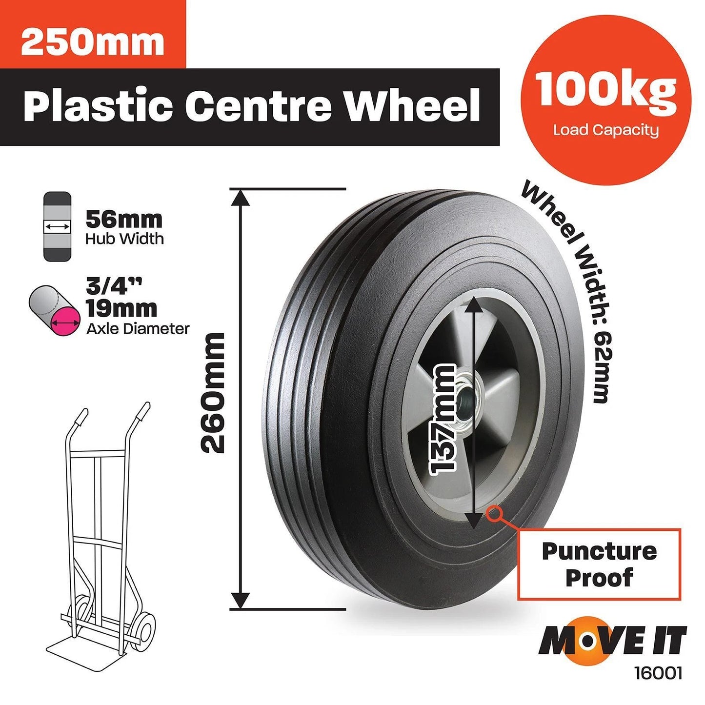 Move It 250mm Grey Plastic Centre Wheel, Solid Rubber, 100kg Load, Outdoor Use