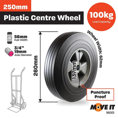 Move It 250mm Grey Plastic Centre Wheel, Solid Rubber, 100kg Load, Outdoor Use