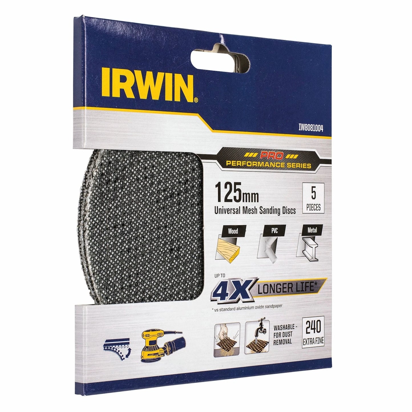 Irwin 125mm 240 Grit Orbital Sanding Discs - 5 Pcs, Long-Lasting, Washable, Universal Fit