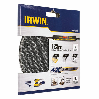 Irwin 125mm 240 Grit Orbital Sanding Discs - 5 Pcs, Long-Lasting, Washable, Universal Fit