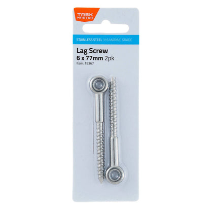 Taskmaster 6mm 316 Stainless Steel Lag Screw 2 Pack - Marine Grade, Weather-Resistant