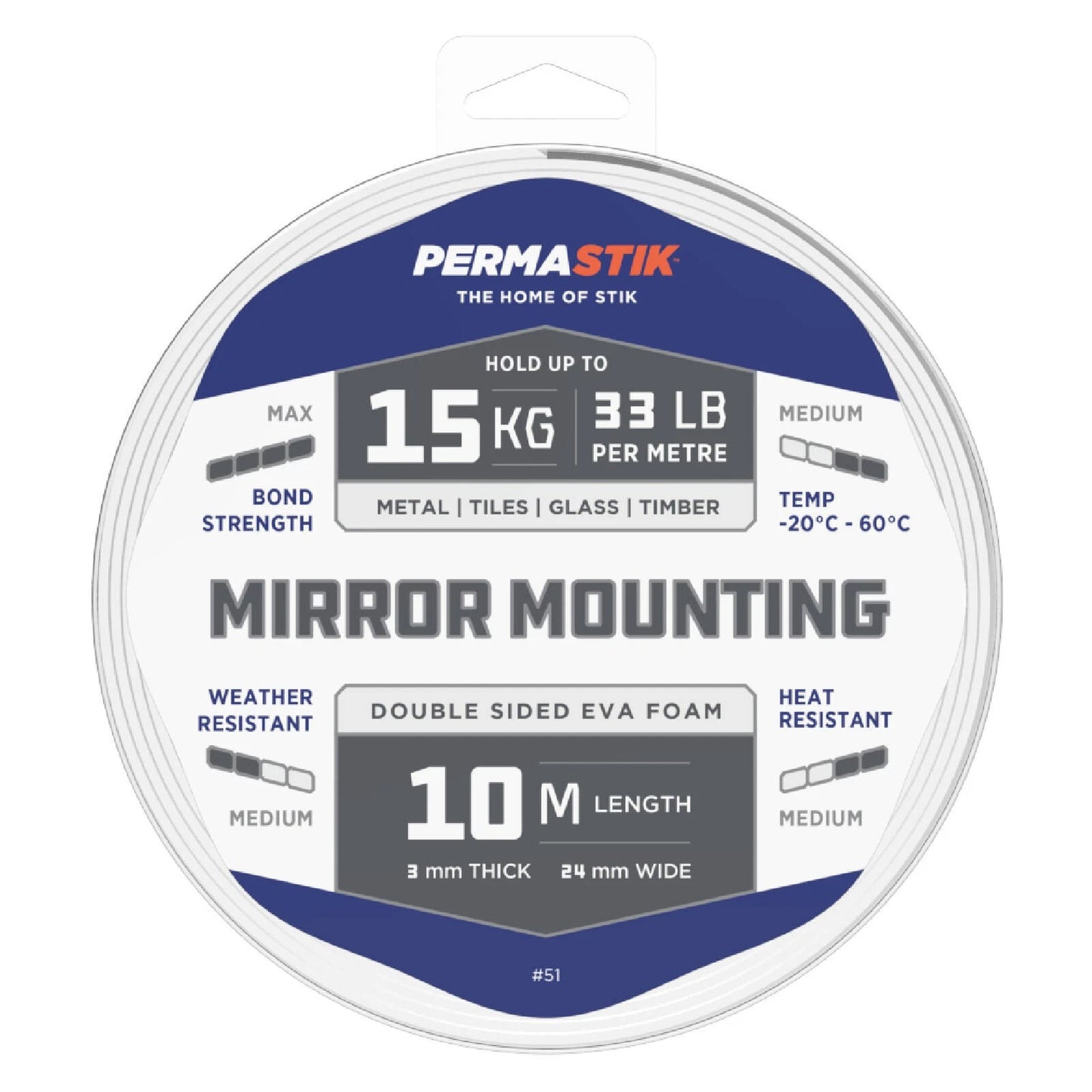 Permastik Mirror Mounting Tape 10m x 24mm, Holds 15kg/m, Weather & Temperature Resistant