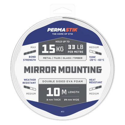 Permastik Mirror Mounting Tape 10m x 24mm, Holds 15kg/m, Weather & Temperature Resistant