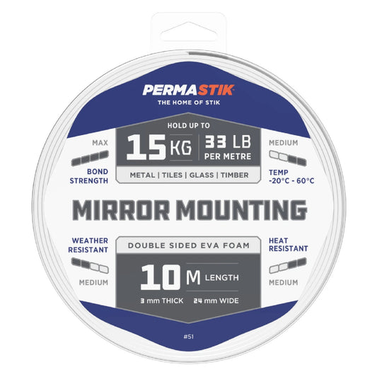 Permastik Mirror Mounting Tape 10m x 24mm, Holds 15kg/m, Weather & Temperature Resistant