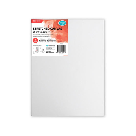 Boyle Deep Edge Stretched Canvas 30x40cm 3 Pack - 100% Cotton, Triple Primed, Multi-Medium