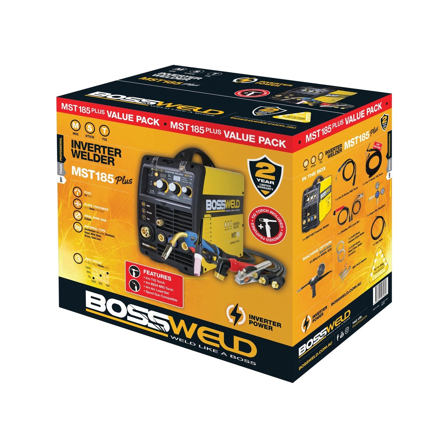 Bossweld 180A MIG Stick TIG Inverter Welder, Multi-Process, 8mm Steel Capacity