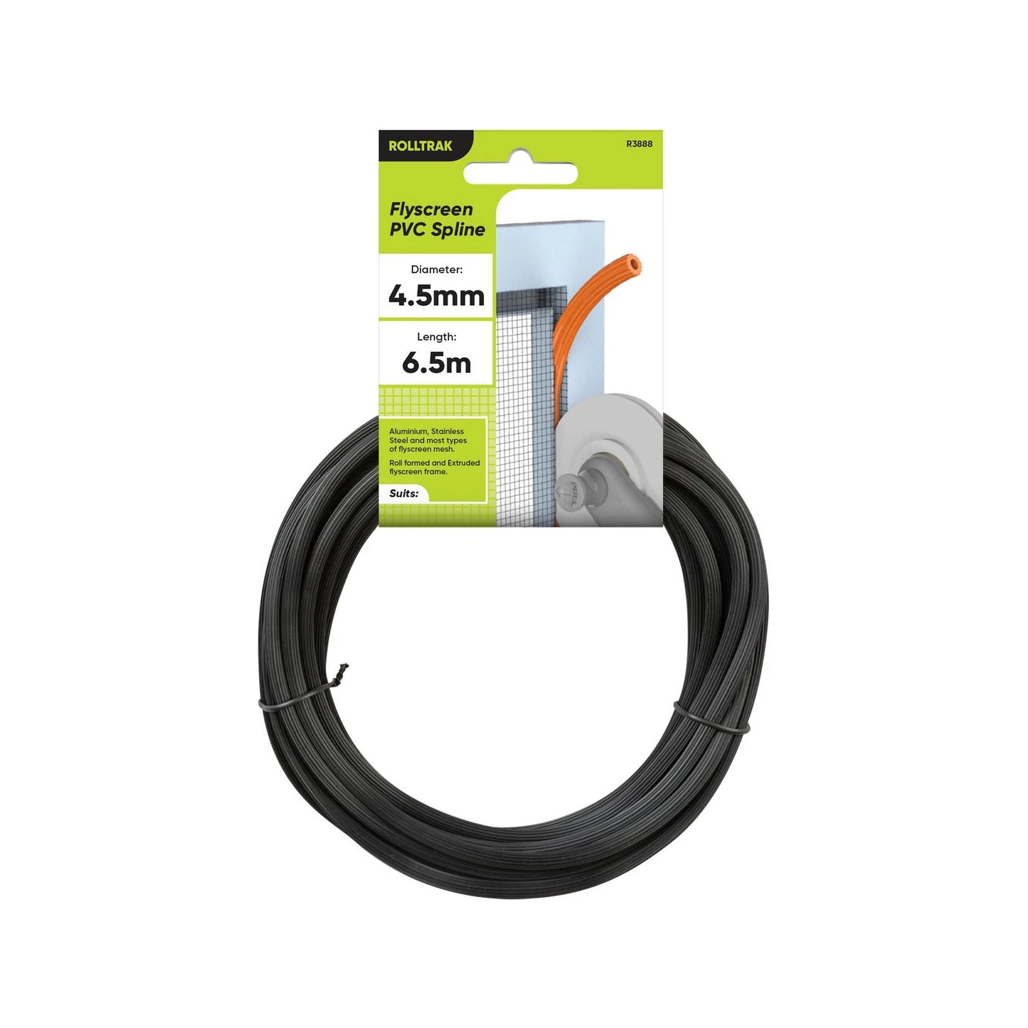 Rolltrak Black PVC Flyscreen Spline 4.5mm x 6.5m for Sliding Doors & Windows