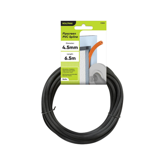 Rolltrak Black PVC Flyscreen Spline 4.5mm x 6.5m for Sliding Doors & Windows