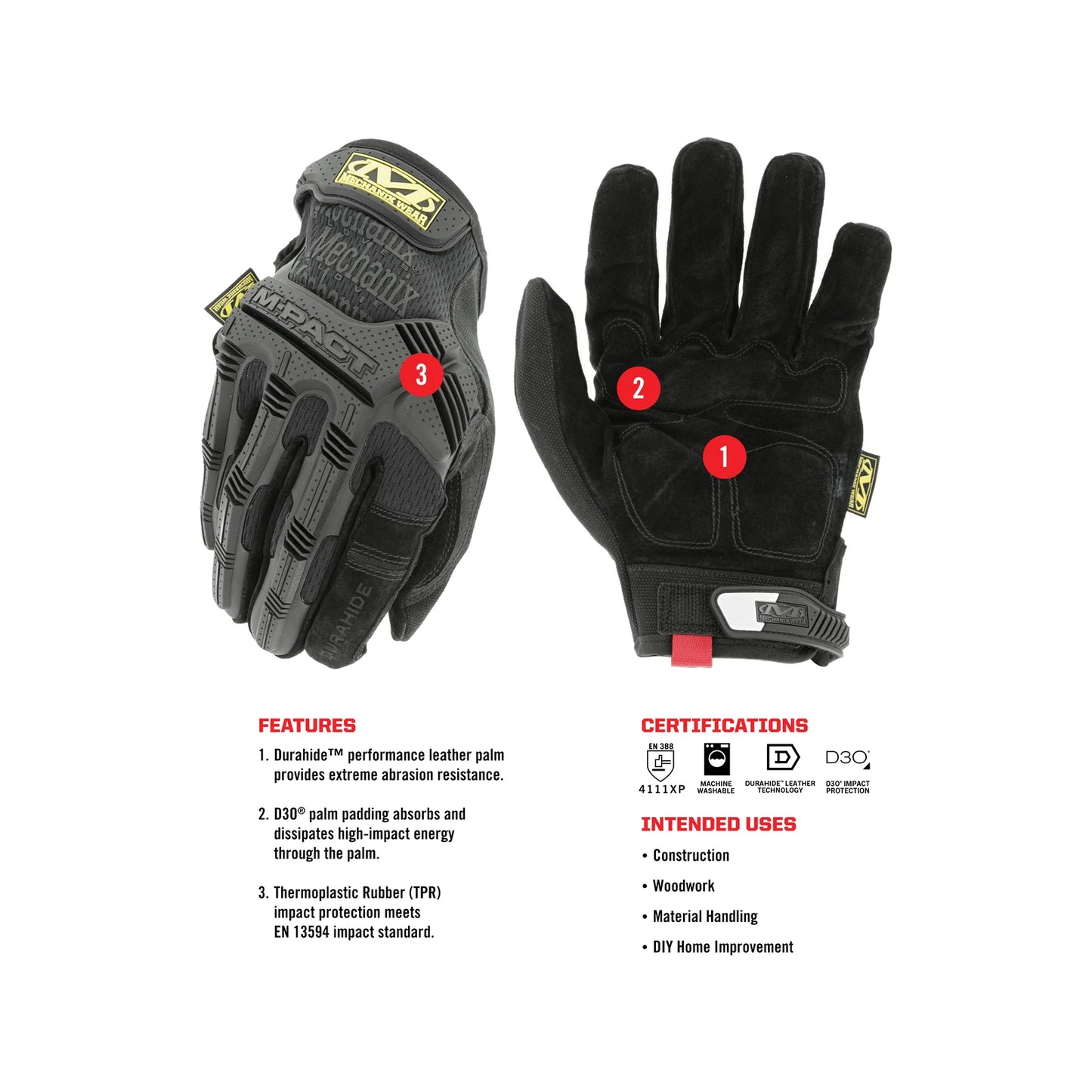Mechanix Wear Leather M-Pact Gloves X-Large, Impact Protection, Durable, Machine Washable