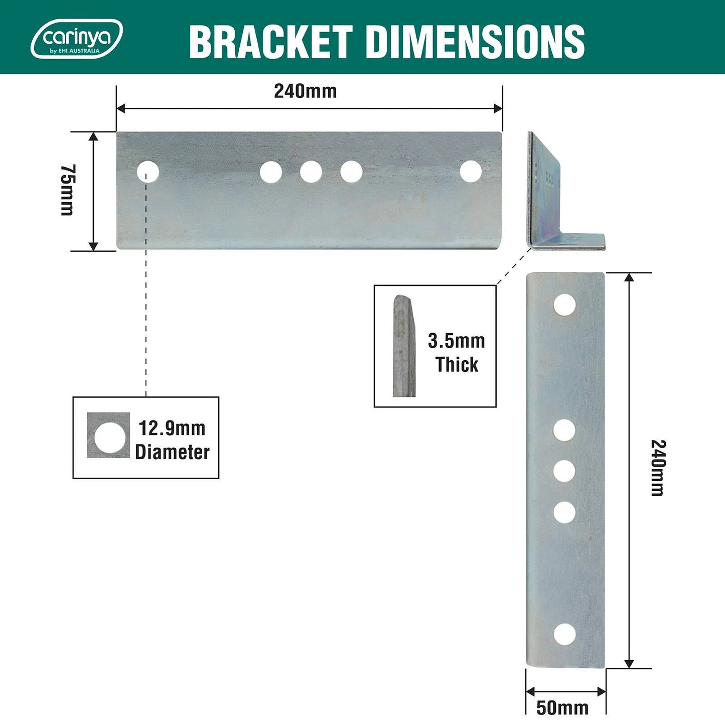 Carinya Zinc Plated Reinforcing Angle Bracket 240x75x50x3.5mm Durable Indoor/Outdoor Use