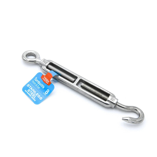 Taskmaster 8mm Marine-Grade 316 Stainless Steel Hook & Eye Turnbuckle for Rigging & Tensioning