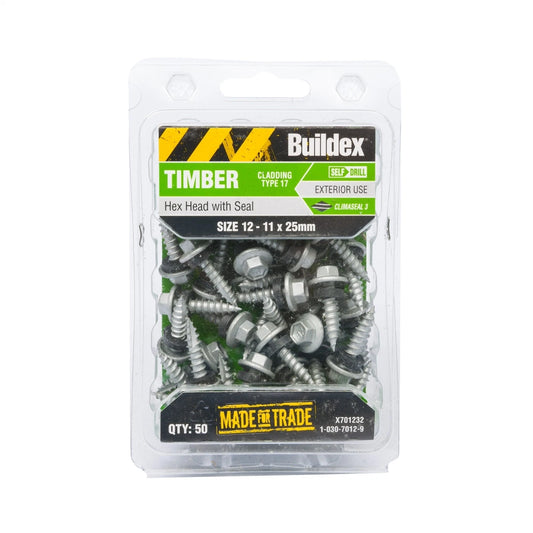 Buildex 12 - 11 x 25mm Galvanised Hex Head Timber Screws with Seal, 50 Pack