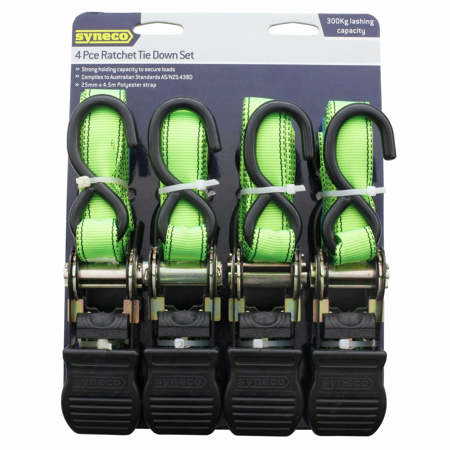 Syneco 25mm x 4.5m S Hook Ratchet Tie Down Set 4 Pack - Heavy-Duty, High Visibility
