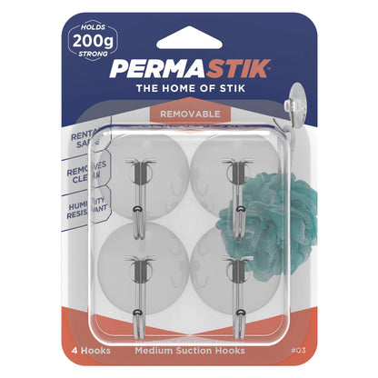 Permastik Medium Suction Hooks 4 Pcs, Clear, Damage-Free, Strong Hold, Versatile Use