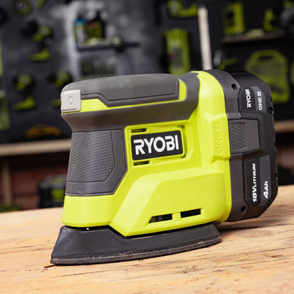 RYOBI 18V ONE+ Palm Sander Kit, Compact Design, 2.0Ah Battery, Dust Management