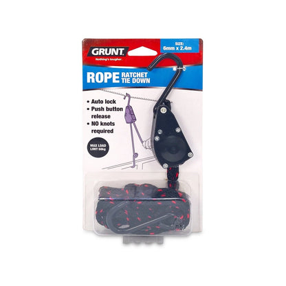 Grunt 6mm x 240cm Rope Ratchet Tie Down with Auto Lock & Push Button Release