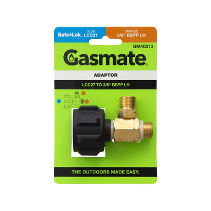 Gasmate LCC27 to 3/8" BSPP LH Adaptor, Dual Appliance Connection, Brass & Nylon