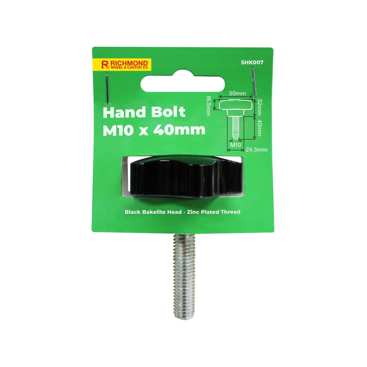 Richmond M10 x 40mm Hand Bolt, Black Bakelite Head, Zinc Plated, Five-Lobe Grip