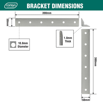 Carinya Galvanised Reinforcing Angle Bracket 50x50x390mm Durable Steel Indoor/Outdoor Use