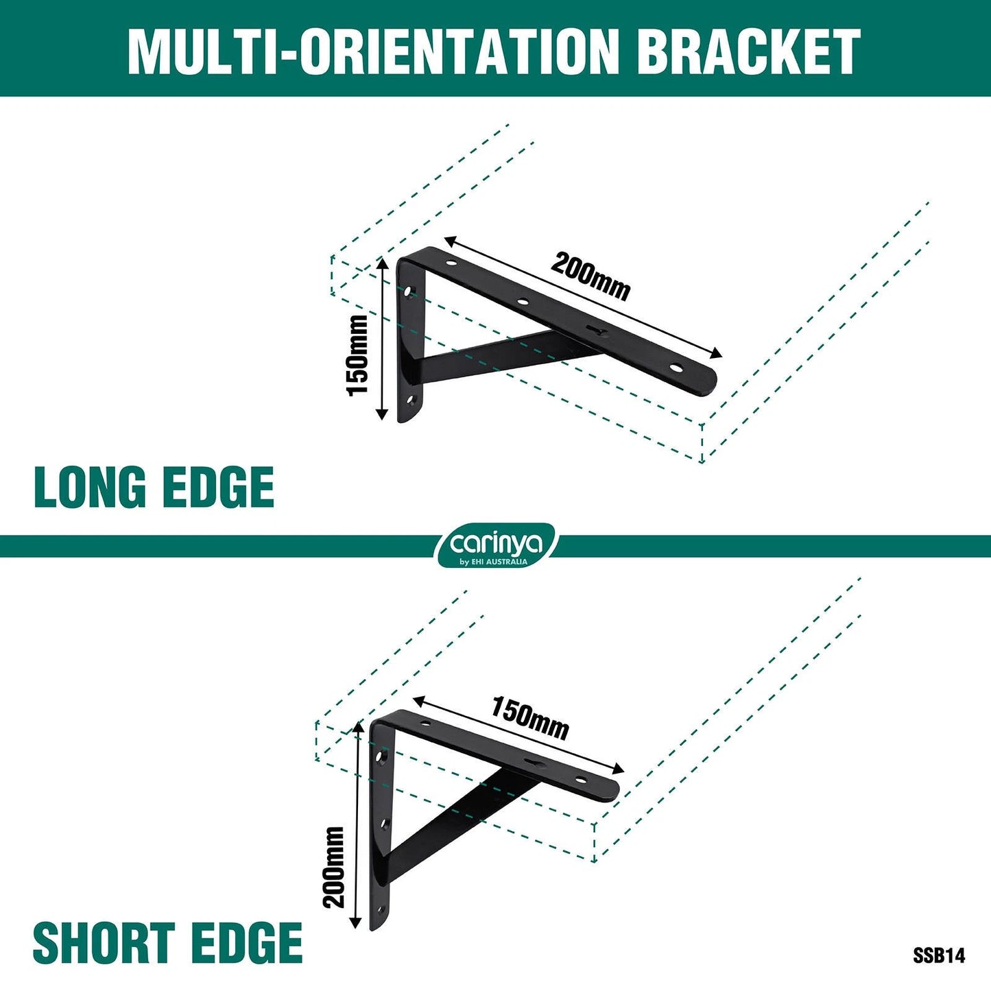 Carinya Black Heavy Duty Bracket 200x150mm, 225kg Load, Indoor/Outdoor Use