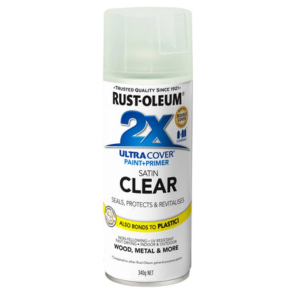 Rust-Oleum 298g 2X Ultra Cover Satin Clear Spray Paint, Fast Drying, Indoor/Outdoor Use