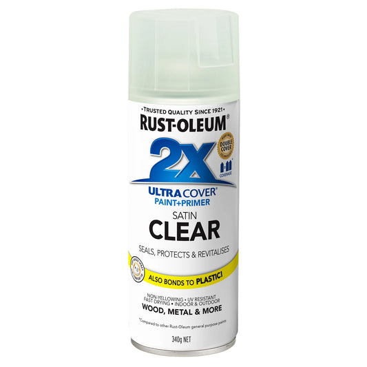 Rust-Oleum 298g 2X Ultra Cover Satin Clear Spray Paint, Fast Drying, Indoor/Outdoor Use