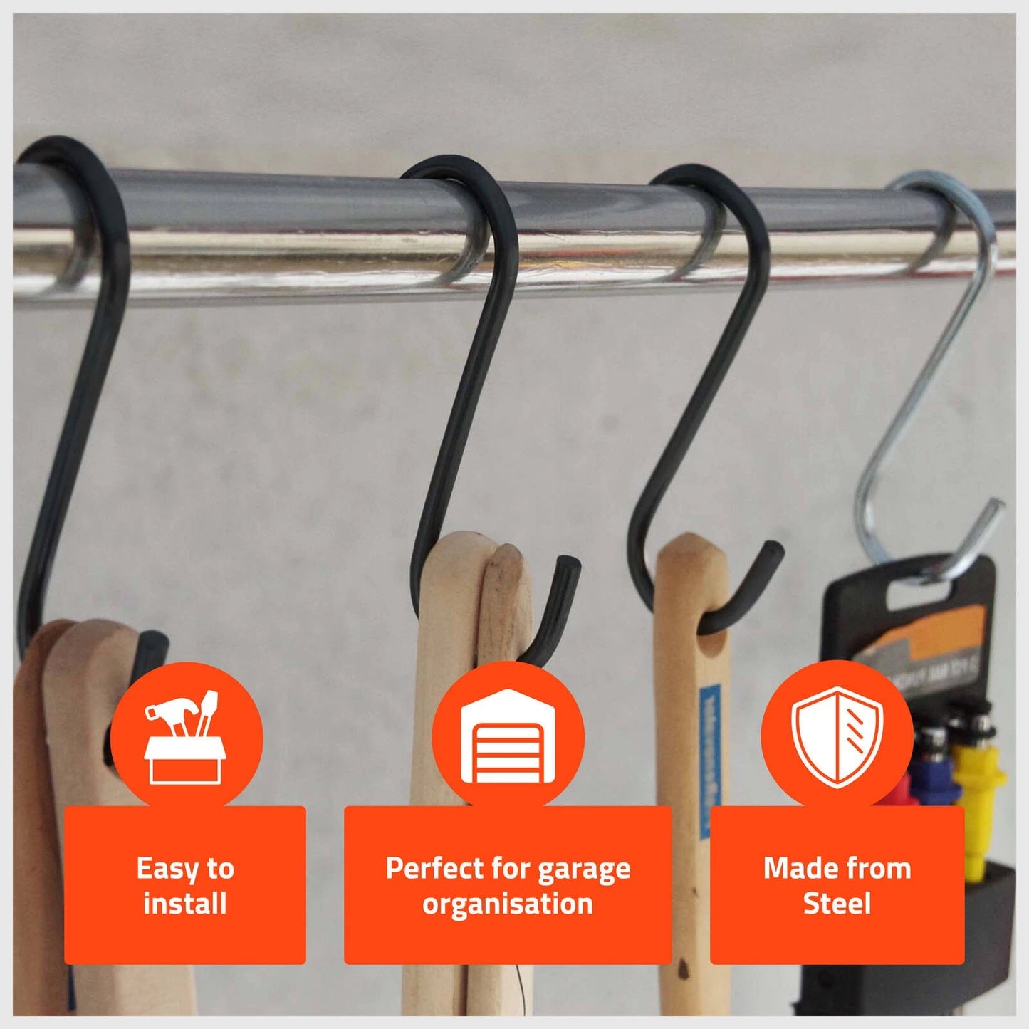 Taskmaster Black Steel S Hooks 180x55x6mm - 4 Pack, Durable Garage Storage Solution