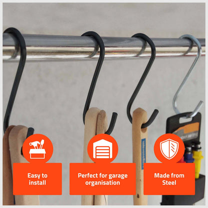 Taskmaster Black Steel S Hooks 180x55x6mm - 4 Pack, Durable Garage Storage Solution