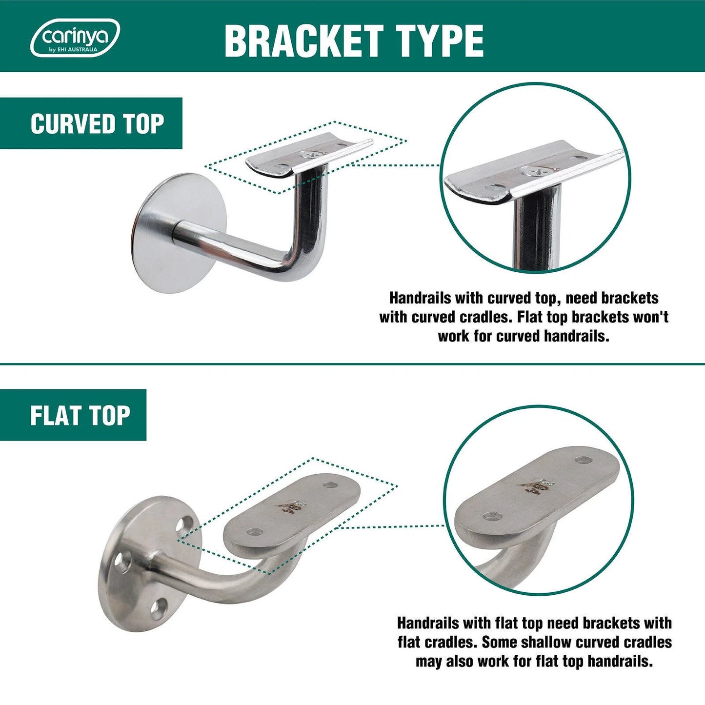 Carinya Chrome Curved Top Handrail Bracket - Corrosion Resistant, Easy Install, Indoor/Outdoor