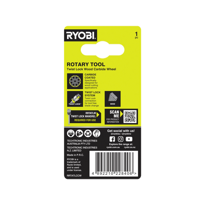 Ryobi 38mm Twist Lock Wood Carbide Wheel for Timber & Laminates, High-Speed 35,000 RPM