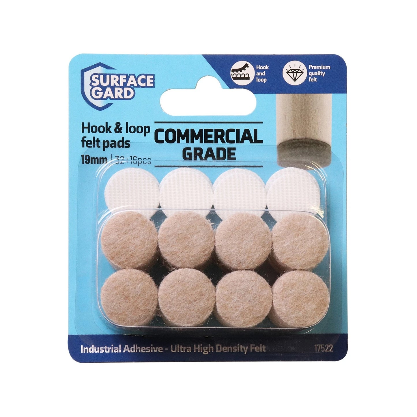 Surface Gard 19mm Beige Hook & Loop Felt Pads, Noise Reduction, Durable Adhesive, 16 Pieces