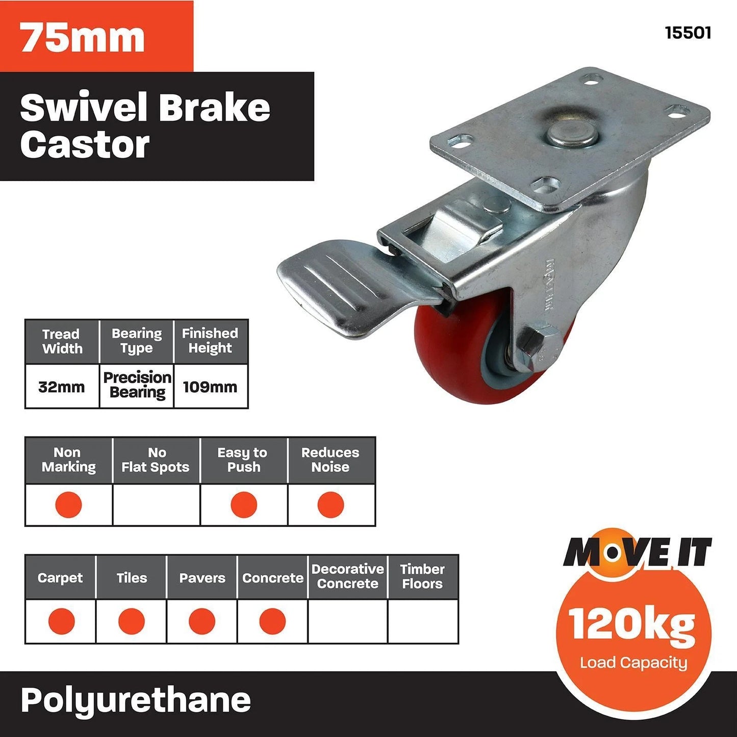 Move It 75mm Red Polyurethane Swivel Brake Castor 120kg Load Capacity
