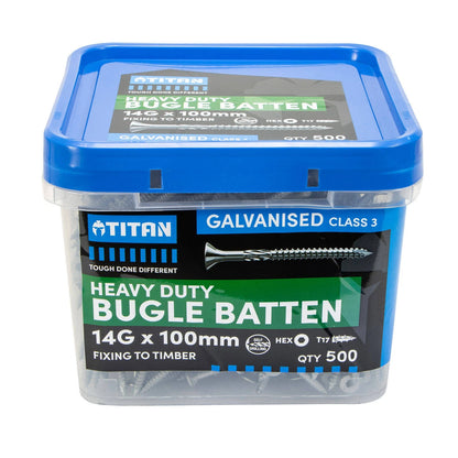 Titan 14G x 100mm Galvanised Bugle Batten Screws - 500 Pack, Corrosion Resistant