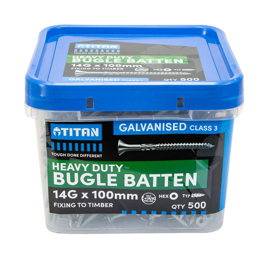 Titan 14G x 100mm Galvanised Bugle Batten Screws - 500 Pack, Corrosion Resistant