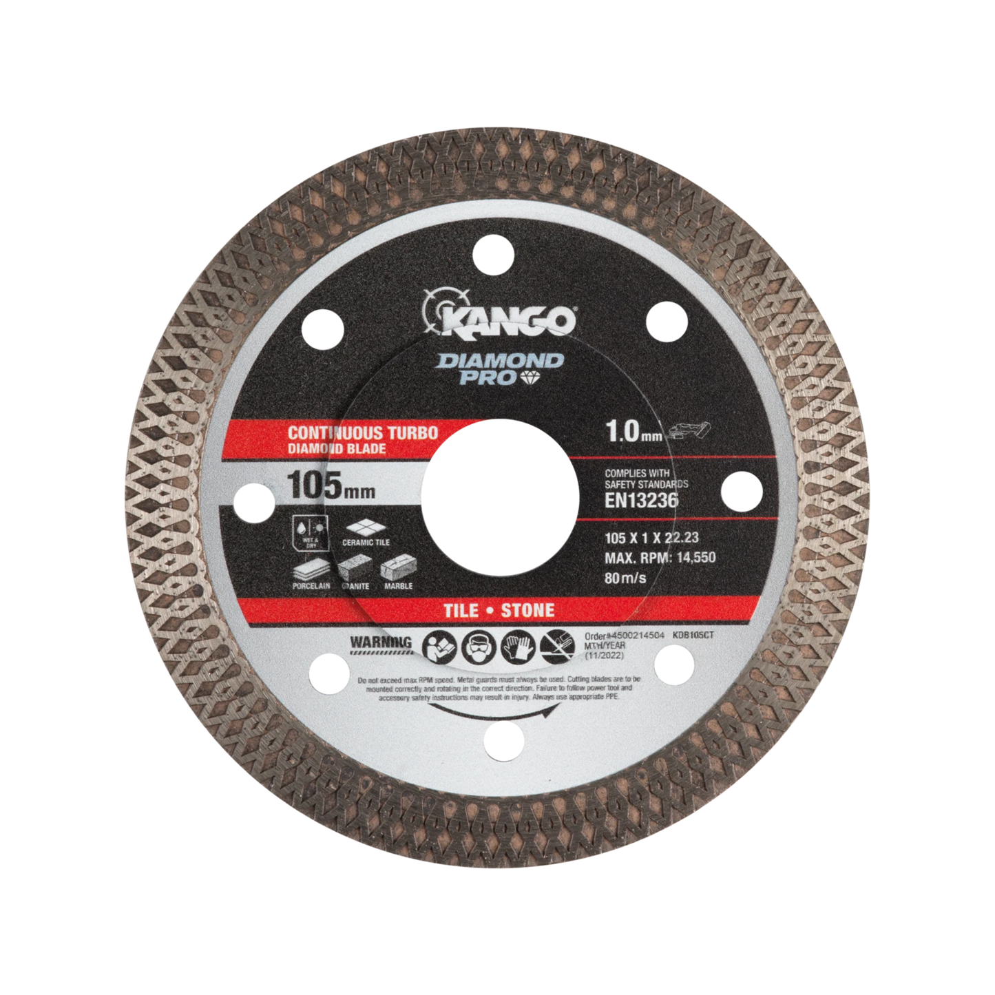 Kango 105mm Continuous Turbo Diamond Blade, Ultra-Thin, High Diamond Concentrate, Wet/Dry Use