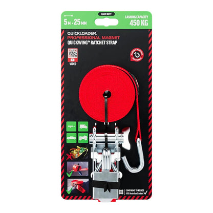 Quickloader Hybrid Ratchet Tie Down Strap 5m 900kg with Magnetic Locking & Steel J-Hooks