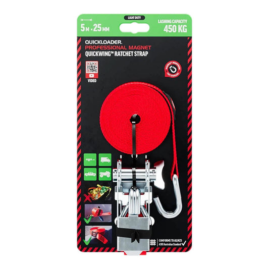 Quickloader Hybrid Ratchet Tie Down Strap 5m 900kg with Magnetic Locking & Steel J-Hooks